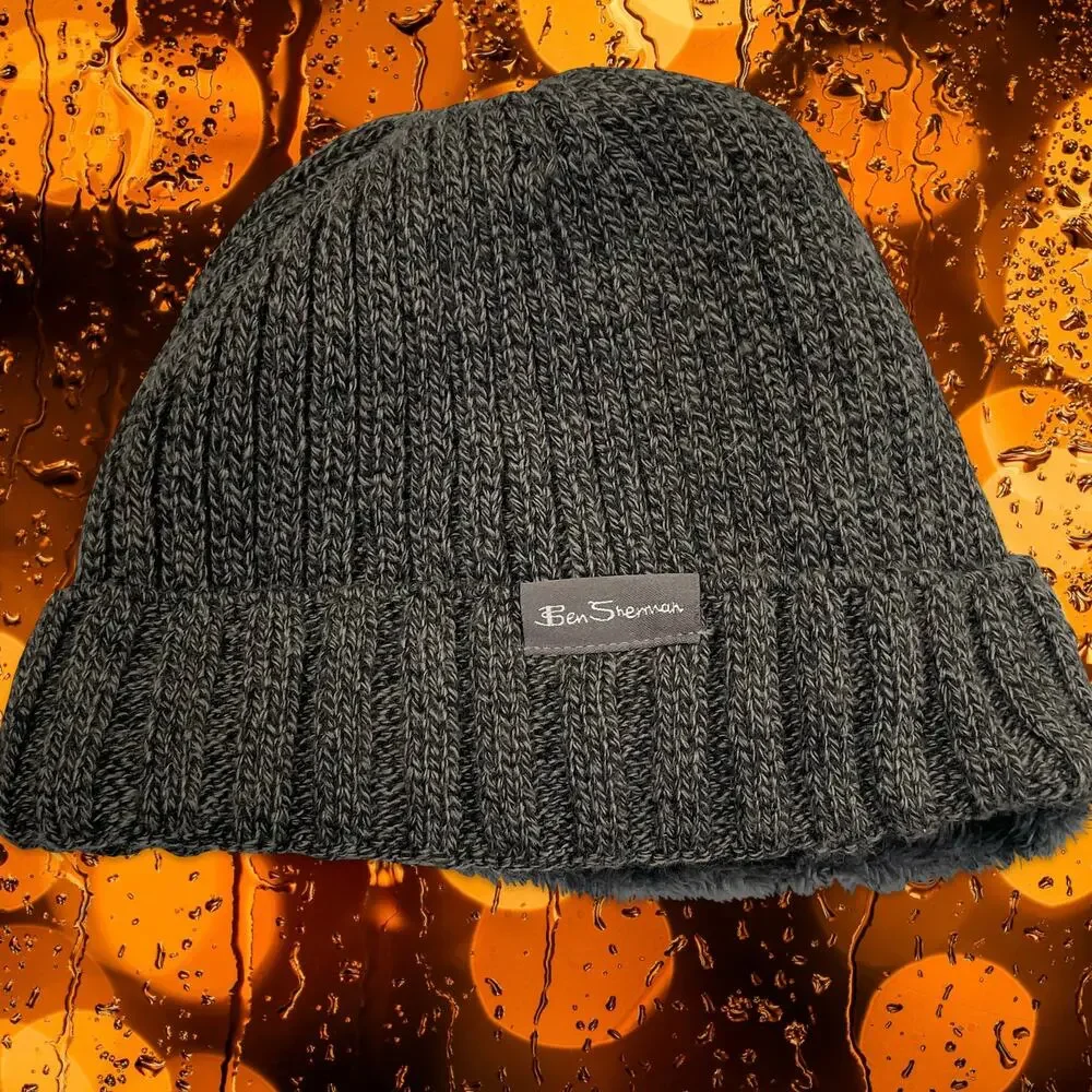 Ben Sherman Knit Hat Ski Beanie Cap Gray Ribbed Thermal Fleece Lined Winter